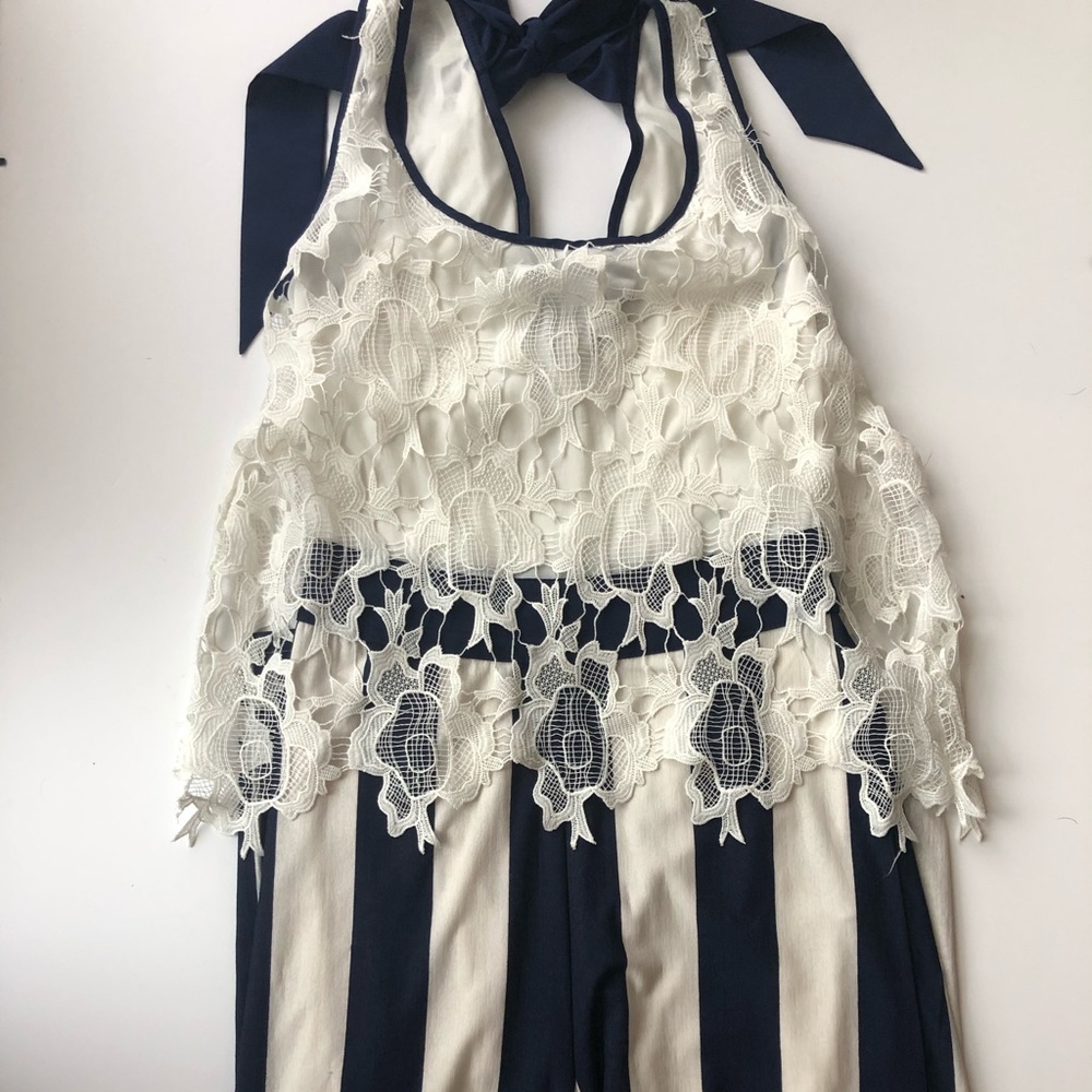 Navy and white striped pantsuit